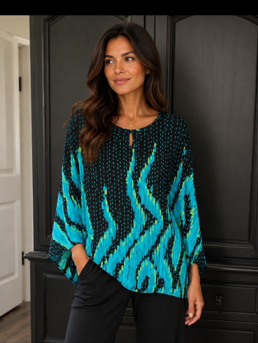 Bob Mackie Black Top with Turquoise & Lime Abstract Waves